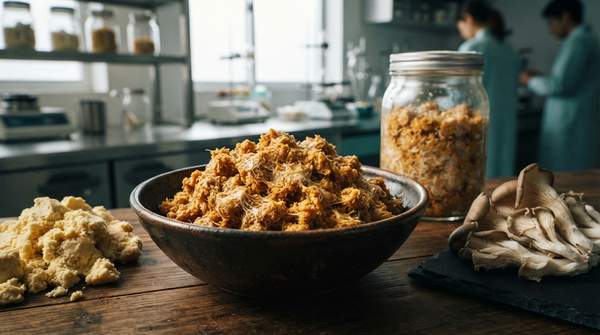 Editorial illustration for Oyster Mushroom Mycelium Fermentation Elevates Okara's Protein for Plant-Based Snacks