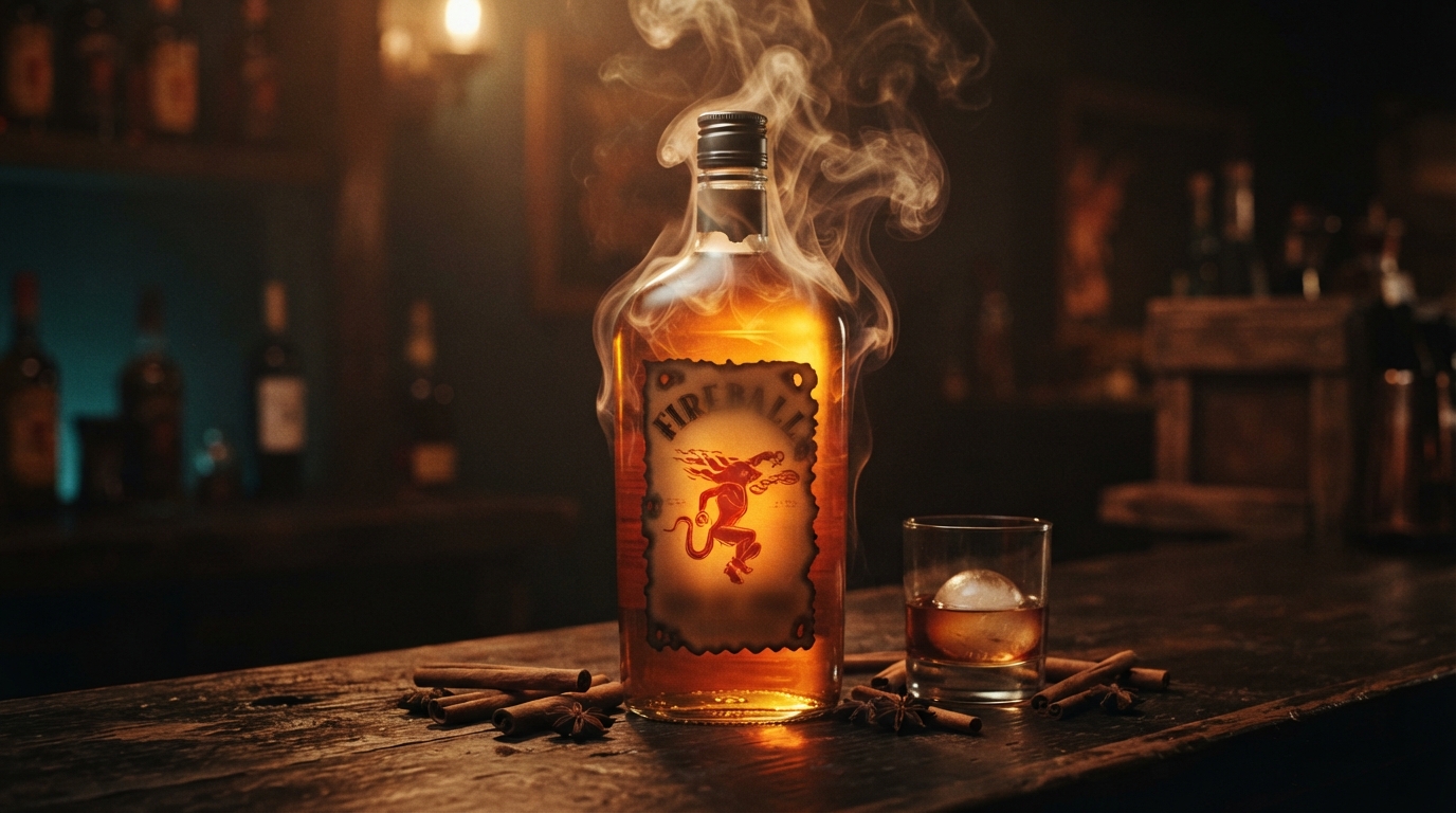 A bottle of Fireball Torch'd Vanilla limited edition whisky, showcasing its new vanilla and cinnamon flavor profile with a smoky, inviting ambiance.